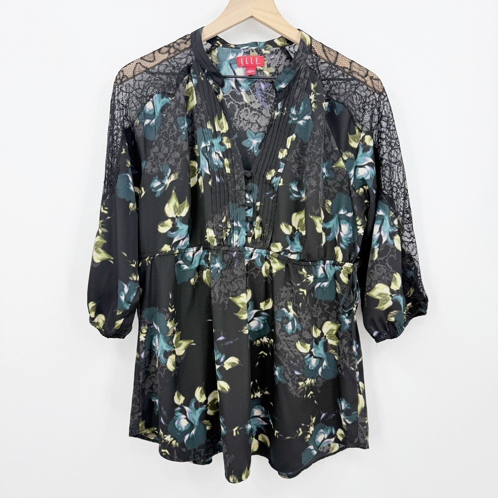 Elle Dark Floral Blouse L Lace Shoulder Pintuck 3/4 Sleeve Cottagecore Romantic